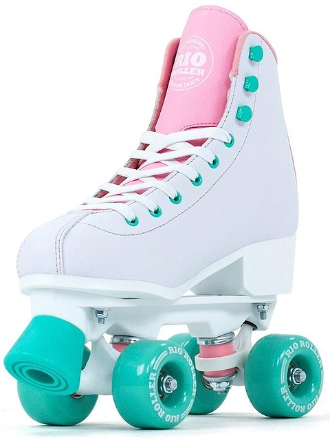 The Rio Roller Artist Quad Roller Skates - Flora features a white design with pink accents, teal wheels, artistic teal eyelets, a pink tongue, and prominent "Rio Roller" branding on the tongue and wheels.