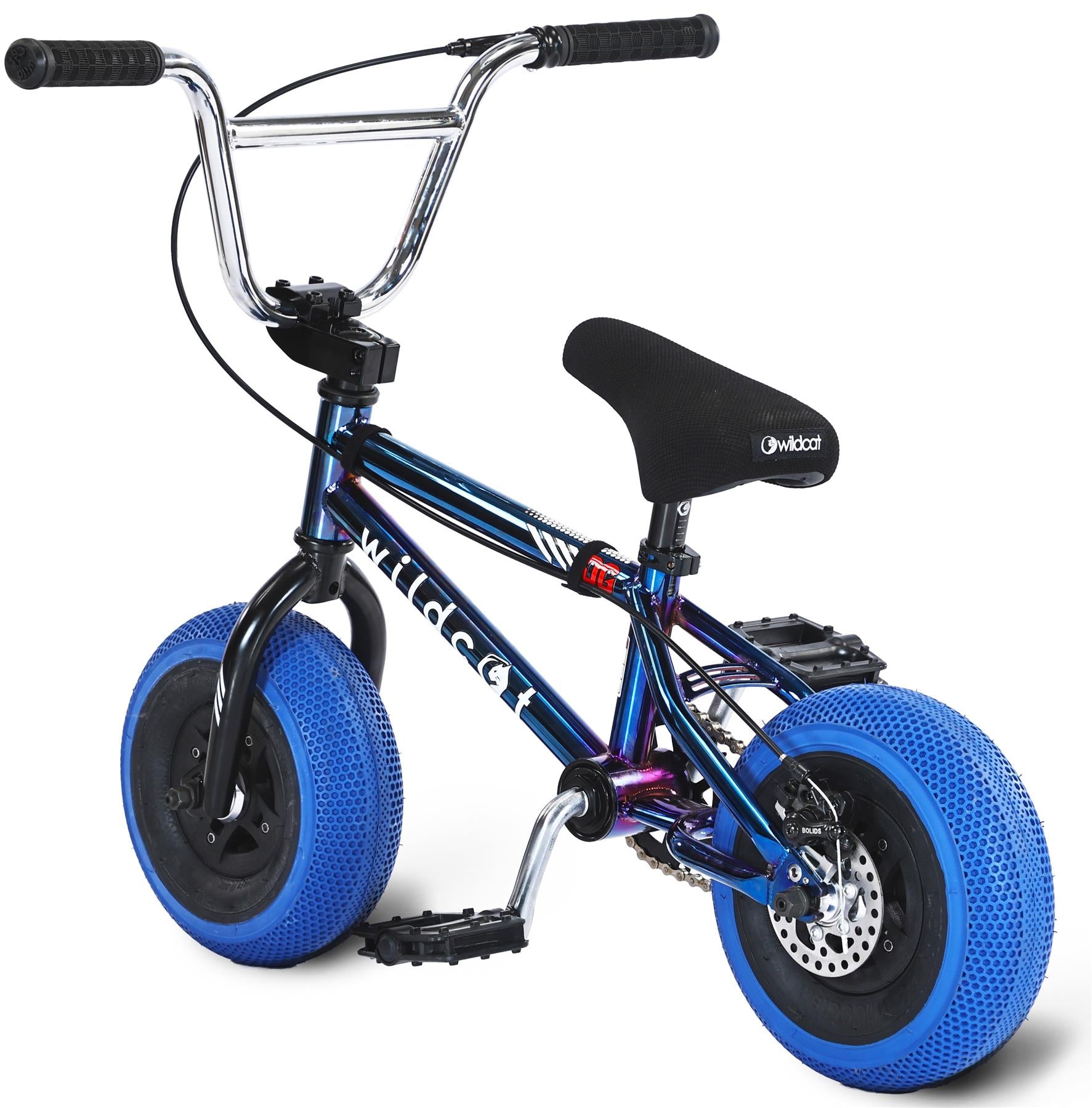 The Wildcat OG 3A Mini BMX Bike - Royal Blue features a metallic frame, black seat, wide handlebars, CNC aluminum rims, foot pedals, disc brakes, and large textured blue PRO Street 65PSI tyres, with the “Wildcat” brand on the frame.
