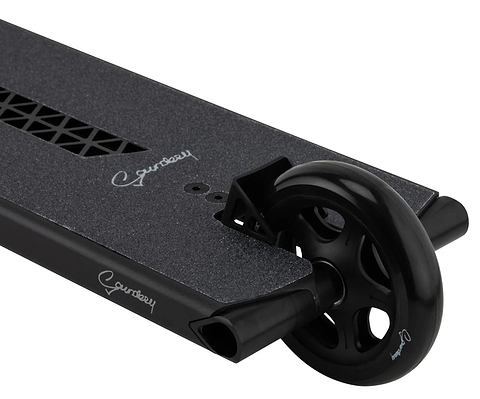 Close-up of the Drone Nexus Kai Saunders 'Saundezy' Signature Stunt Scooter deck in black, featuring a textured grip, signed logo, and a large rear wheel—a sleek, minimalist design ideal for pro riders.