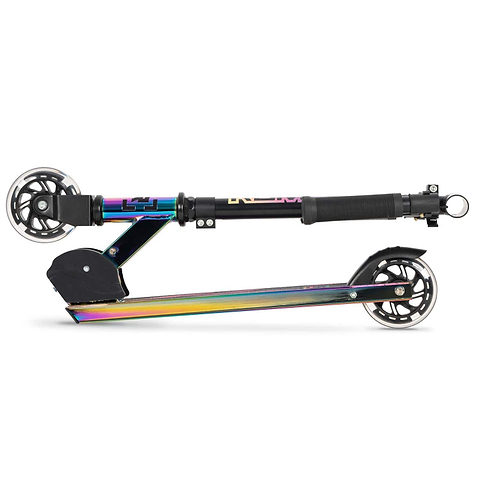 The Rampage Light Up Foldable Kick Scooter – Neochrome/Black by Rampage is shown folded, featuring a rainbow neochrome frame, adjustable bars, black handlebars, and LED wheels for extra style and fun against a white background.