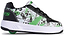 The Heelys x Minecraft Kama Boys Shoes feature a white, black, and green design with pixelated graphics, black laces, a green heel wheel, thick white sole, and Heelys branding on the side and tongue.