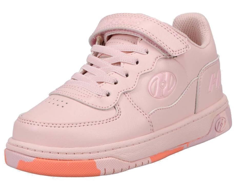 The Heelys Rezerve X2 Girls Shoes in Light Pink/Pink Confetti feature a velcro strap, laces, embossed side logo, and a mostly pink sole with orange accents for style. Beginner-friendly from the Heelys brand.