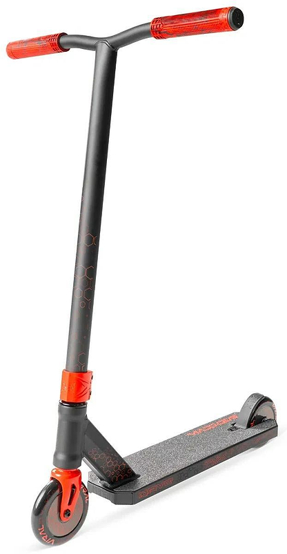 The Madd Gear Viral Rave Complete Stunt Scooter - Inferno features black and orange styling, red-orange handlebars, a black grip tape deck, and a single front wheel, displayed on a white background. Brand: Madd Gear (MGP).
