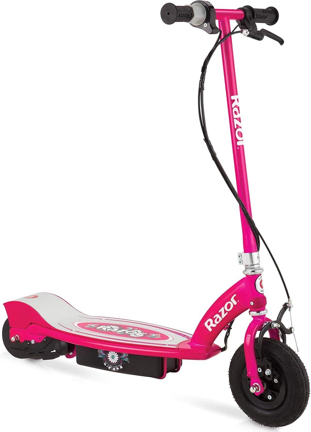 The Razor E100 Kids 24V Electric Scooter in pink by Razor features a stylish deck, black handlebars, and two black wheels—making it an ideal electric ride for kids.
