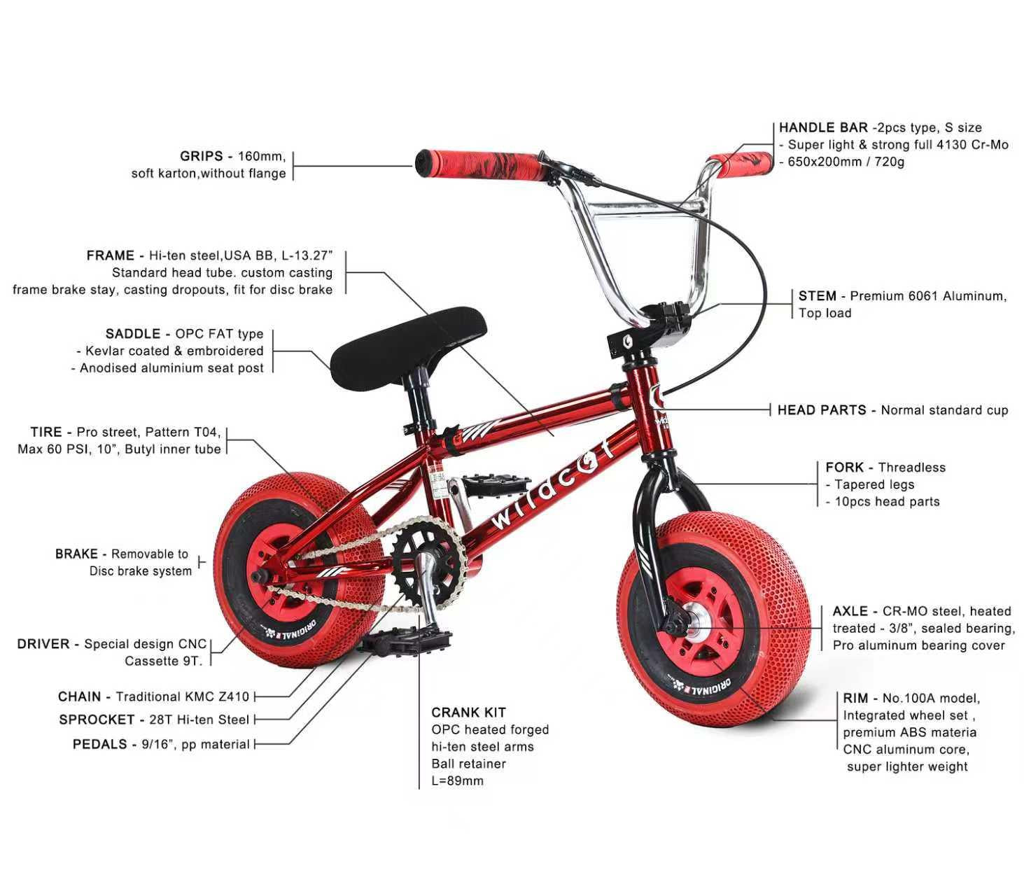 Wildcat OG 3A Mini BMX Bike - Royal Red by Wildcat features PRO Street 65PSI tyres, CNC aluminium rims, and labeled parts with technical details on the handlebar, frame, stem, saddle, tires, fork, brake, driver, pedals, crank kit, axle, and sprocket.