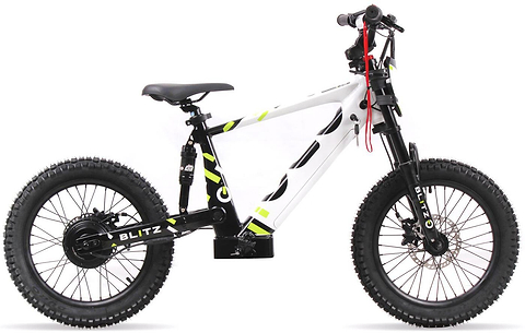 The Duo 18" Blitz Kids Electric Balance Bike by Duo features a white and black design with neon yellow accents, thick knobby tires, disc brakes, front and rear suspension, and "BLITZ" on the rims—perfect for adventurous young riders.