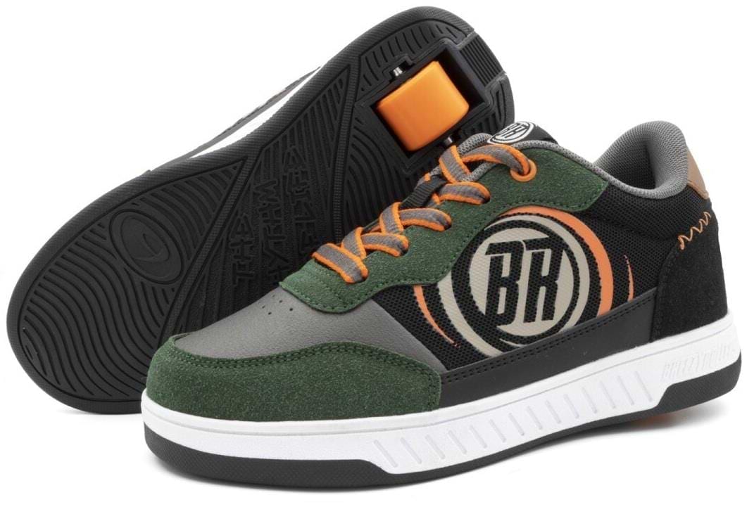 The Breezy Rollers Hero 2 Shoes - Black / Green feature black, green, and gray colors, orange laces, a round "BRK" logo, thick white soles, and showcase their patented wheel system with an orange detail by the heel.