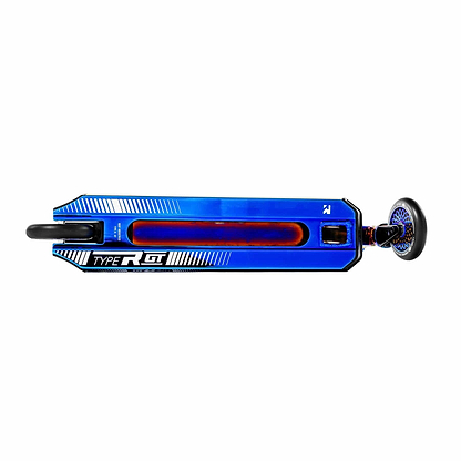 A top-down view showcases the Root Industries Type R GT Complete Stunt Scooter in Blu-Ray, featuring an elegant blue and black design with futuristic aesthetics synonymous with Root Industries. The deck displays the "Type R GT" branding along with stylish graphics. The front wheel is angled slightly, hiding the handlebar from sight in this lightest pro scooter model.