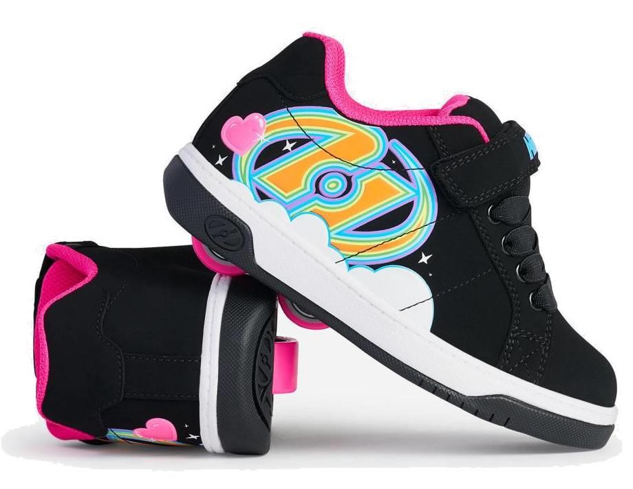 Heelys Kolect X2 Girls Shoes in Black/Hot Pink/Multi by Heelys feature a two-wheel design, colorful yellow and blue wheels, pink hearts, and white clouds—perfect for playful adventures.