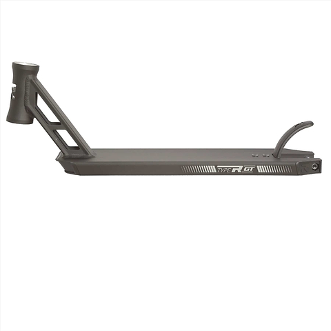 The Root Industries Type R GT Black Stunt Scooter Deck, measuring 5" x 18.5", showcases a sleek design in a dark gray finish with lightweight performance. It features a T-shaped neck, cutout support bars, and is branded with "TYPE R GT," complemented by a curved rear brake for added durability.