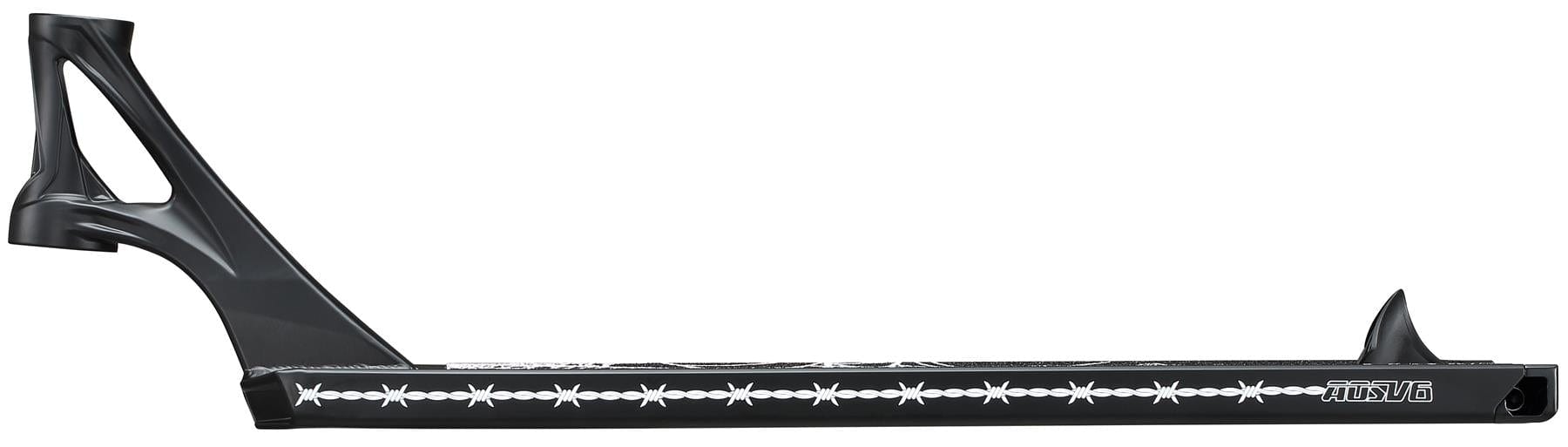 The Blunt Envy AOS V6 Will Scott Signature Stunt Scooter Deck (6.5" x 23") features a black base with bold white barbed wire graphics along the side and detailed logos at the front and rear ends.