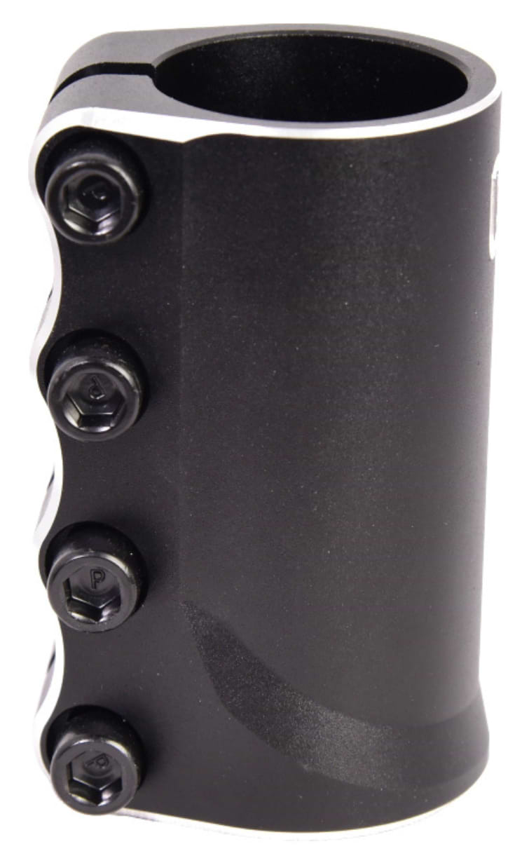 The CORE Aura 4 Bolt Oversized SCS Stunt Scooter Clamp - Black is a lightweight aluminium clamp by CORE, featuring four hex bolts for securely attaching handlebars to the fork, ensuring durability and stability during tricks.