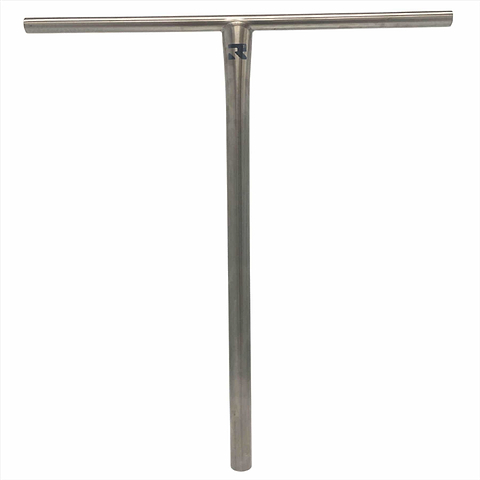 The Root Industries AIR Titanium Oversized HIC Stunt Scooter T-Bars - Raw 690mm x 600mm, feature a silver metallic T-shaped design with a smooth finish crafted from lightweight titanium. The handlebar includes a logo at the intersection of the vertical and horizontal bars and is displayed against a plain white background.