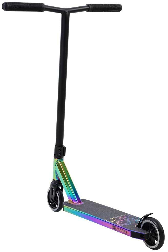 The Invert Supreme 2-8-13 Complete Stunt Scooter - Neochrome features black handlebars, black wheels, and a metallic rainbow (neochrome) deck and fork, making it perfect for freestyle stunts at the park.