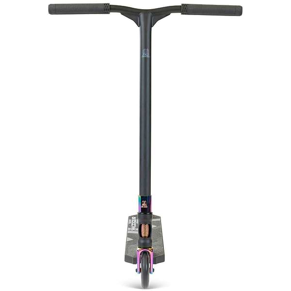 The Madd Gear (MGP) MG 5 Axion Complete Stunt Scooter in Black/Neochrome is shown front-facing, highlighting its wide handlebar, textured deck, and metallic-finish front wheel—a standout in action sports gear.