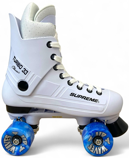 The Supreme Turbo 33 Nylon Quad Roller Skates feature a white high-ankle boot, white laces, and four blue swirl wheels with "WAVE" text—ideal for classic skate enthusiasts.
