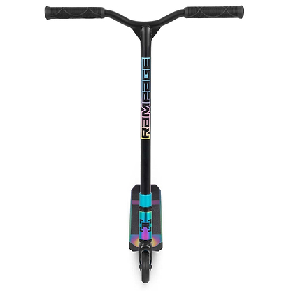 A Rampage R100A Complete Stunt Scooter—Oil Slick Neochrome, shown front-on, with wide gripped handlebars, a deck in an oil slick finish, and "RAMPAGE" in colorful letters on the stem.