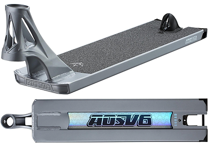 The Blunt Envy AOS V6 Squad Grey Stunt Scooter Deck (5.5" x 22") features a textured foot surface, a holographic AU SV6 logo underneath, a uniquely shaped headtube, and a rear brake.