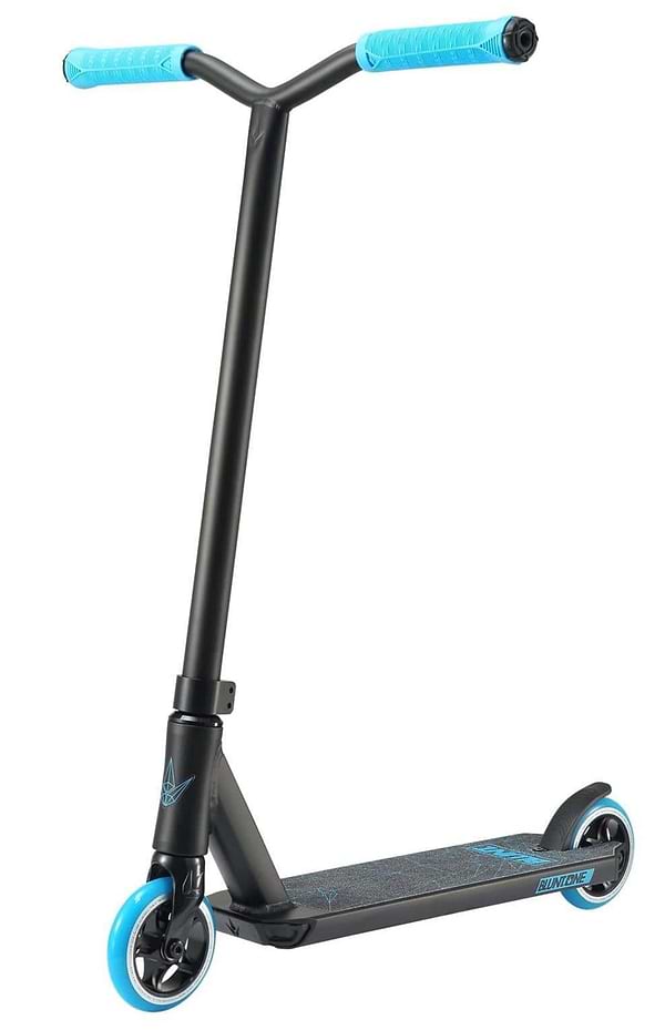 The Blunt Envy ONE S3 Complete Stunt Scooter - Blue showcases a robust black frame, highlighted by vibrant blue handle grips and wheels. Its deck is textured for enhanced stability and features a subtle design, making it an ideal choice for young scooter enthusiasts. The scooter is depicted standing upright against a white background.