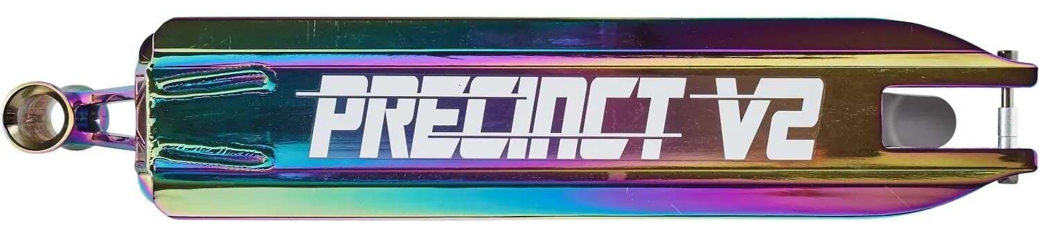 The Longway Precinct V2 Neochrome Stunt Scooter Deck (4.9" x 22") features a striking rainbow metallic finish with bold white branding—ideal for park riders seeking standout style and top performance.