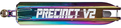 The Longway Precinct V2 Neochrome Stunt Scooter Deck (4.9" x 22") features a striking rainbow metallic finish with bold white branding—ideal for park riders seeking standout style and top performance.