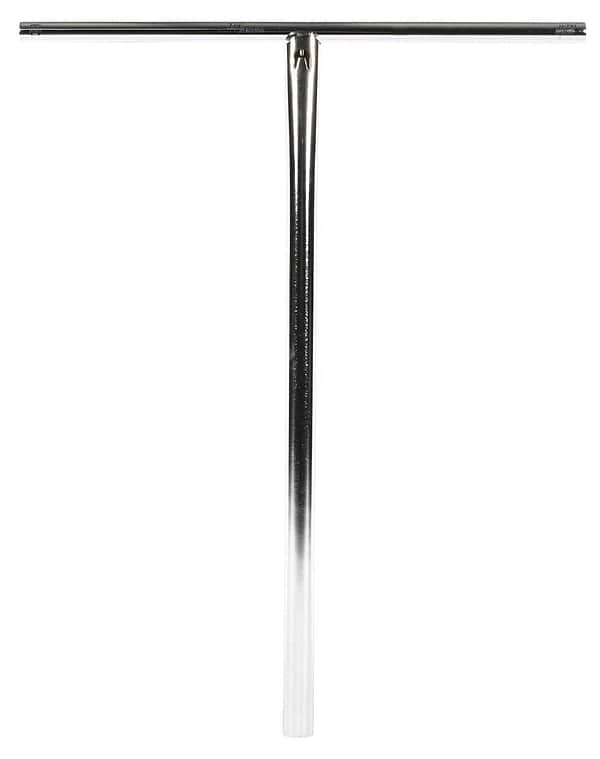 The Ethic DTC Trianon Steel Standard ICS/IHC Stunt Scooter Bars in Raw Silver, measuring 720mm by 560mm, feature a T-shaped design made from durable 4130 Chromoly Steel. The handlebar is showcased against a white background and includes a smooth finish with a gradient effect transitioning from dark to light at the bottom, ensuring optimal performance.