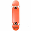 Displayed vertically against a pristine white background, this Renner Pro Series Orange Complete Skateboard measures 7.75" x 31" and features a vibrant orange deck made from 7 Ply Canadian Maple. It is equipped with white wheels and silver trucks, while the brand "Renner" is boldly printed in black on the underside of the deck.