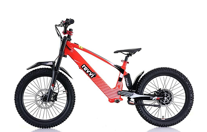 The Revvi 20" Kids Electric Balance Bike - Red from Revvi features a sleek red and black design with thick off-road air-filled tyres, a sturdy suspension system, and disc brakes, making it ideal for young adventurers.