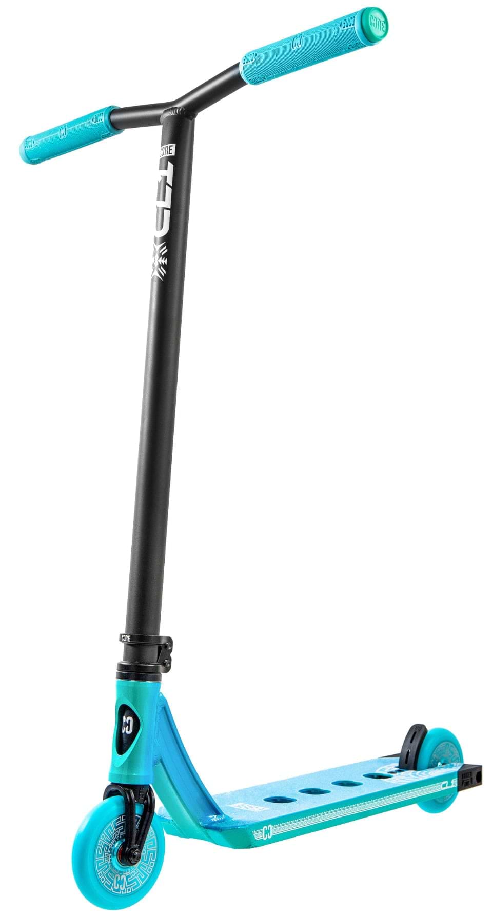 The CORE CL1 Complete Stunt Scooter - Turtlesent by CORE features turquoise handlebar grips and wheels, a blue deck with a white logo and black grip tape. The stunt scooter is shown angled on a white background.