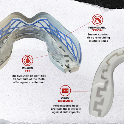The Safejawz Nitro Series Protection Mouthguard - White/Blue is shown, featuring "remodel tech" for a perfect fit, "fluid fit" for max protection, and "jaw secure" for lower jaw defense in this shock-absorbing design. Brand: Safejawz.