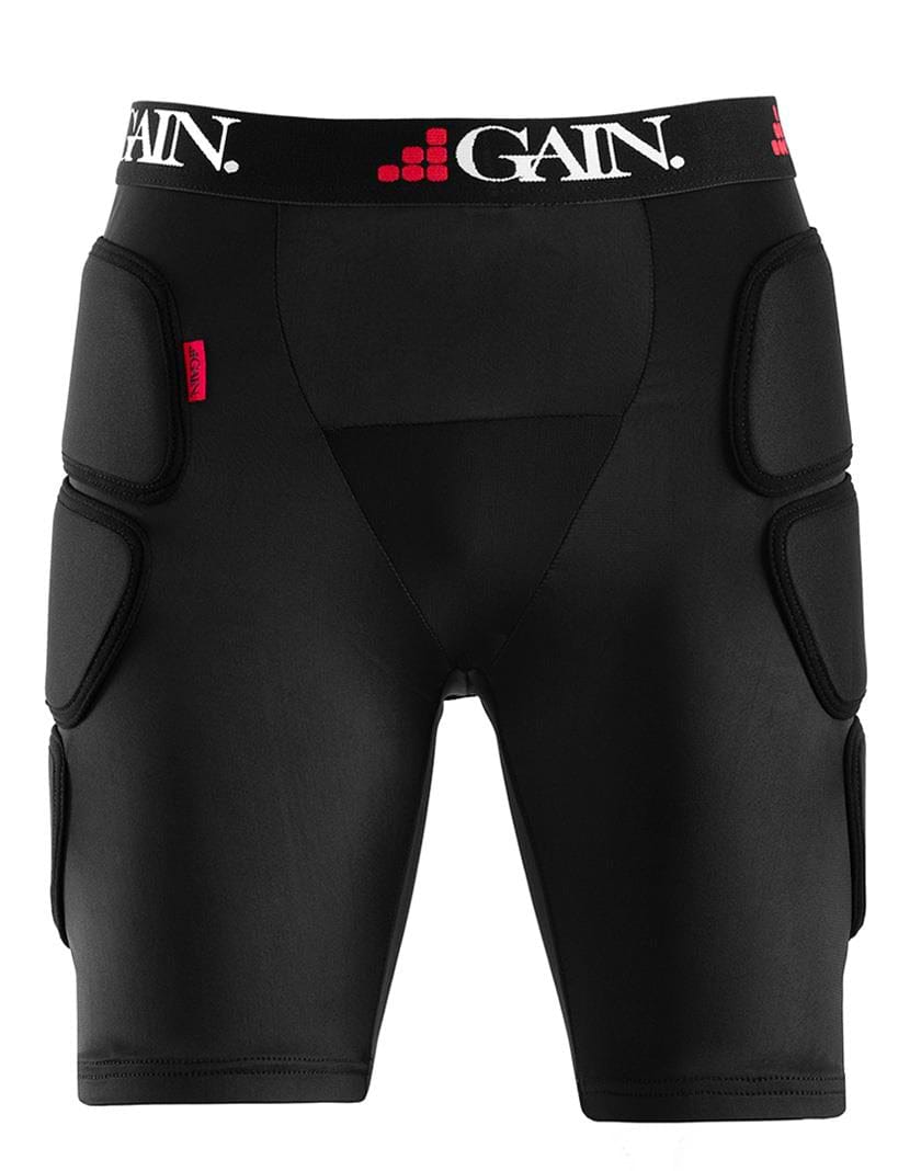 GAIN Protection "The Sleeper" Hip/Bum Skate Protection Shorts in black offer padded hip and bum protection. The GAIN brand name appears in white and red on the waistband. Ideal for skating or other physical activities.