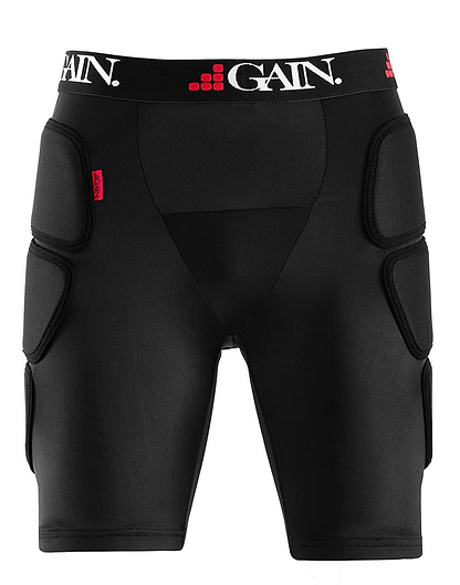 GAIN Protection "The Sleeper" Hip/Bum Skate Protection Shorts in black offer padded hip and bum protection. The GAIN brand name appears in white and red on the waistband. Ideal for skating or other physical activities.