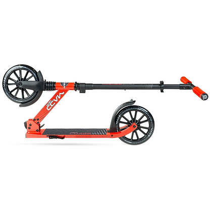 The Madd Gear Metro Cruise 250 Foldable Commuter Scooter by MGP features a black and red design, two large wheels, a textured foot deck, and foldable handlebars that align parallel to the deck for compact storage.