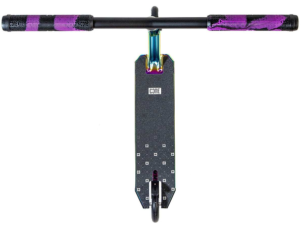 Top-down view of the CORE CG1 Mini Complete Stunt Scooter in Neochrome/Black featuring purple and black grips, black deck with CORE logo, and visible front wheel. Ideal beginner stunt scooter on a white background.