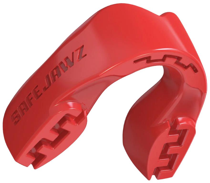 The Safejawz Intro Series Protection Mouthguard in red features grooved sections for comfort and has the Safejawz brand embossed on the side.