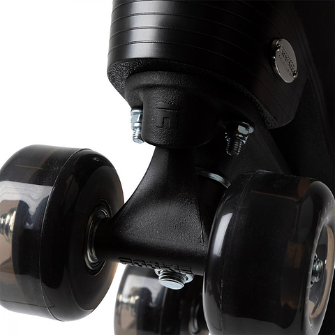 Close-up of the underside of Rookie Classic 78 Quad Roller Skates - Black by Rookie, showcasing shiny translucent wheels, sturdy axle, and metal mounting hardware that emphasize the quality construction.