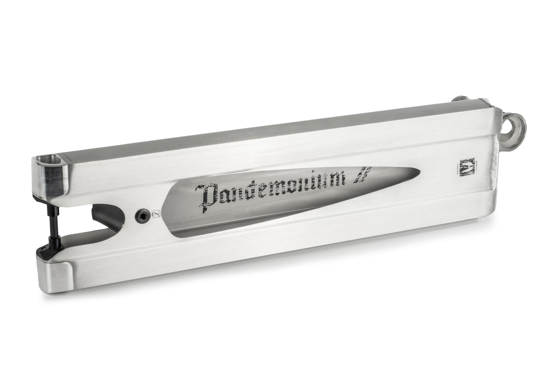 The Ethic DTC Pandemonium V2 Boxed Raw Stunt Scooter Deck (5.5" x 21.3") features angular edges, a cutout section, an engraved logo, and a rounded rear—crafted from 6061-T6 aluminium and among the lightest decks available.