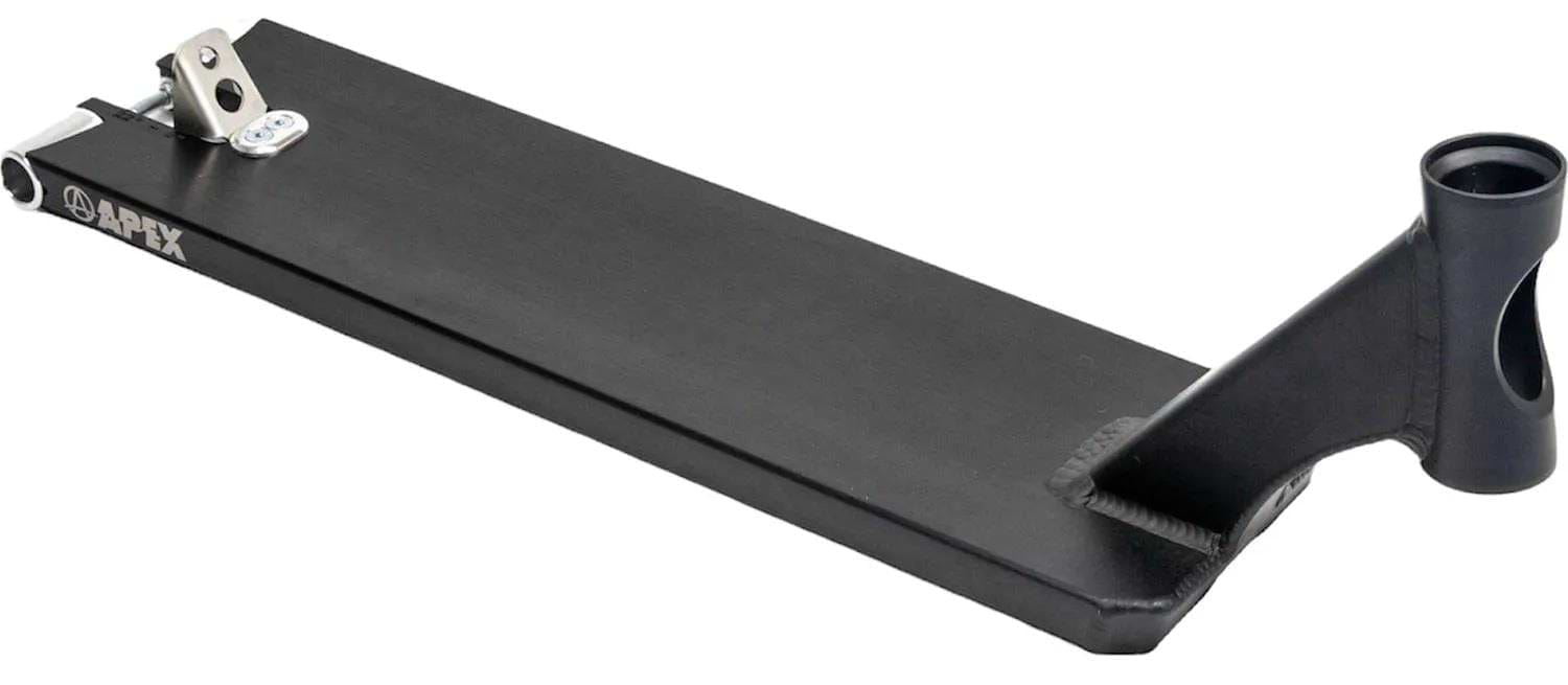 The Apex Pro Black Boxed Stunt Scooter Deck (6" x 21") by Apex, featuring an angled neck and cutouts near the head tube, is shown on a white background with its durable design.