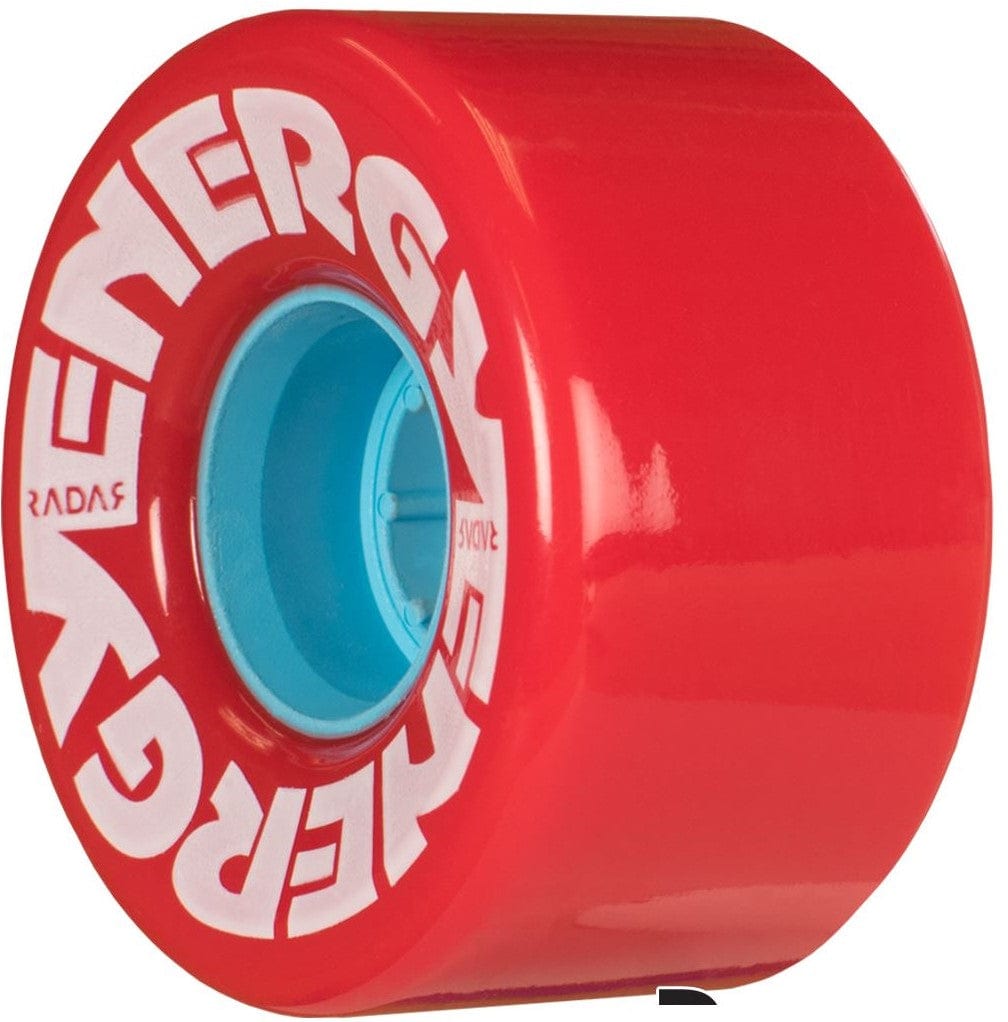 The Radar Energy 78A Quad Roller Skate Wheel, in red and measuring 57mm x 32mm, features white text reading "ENERGY" around the edge and a blue core. Designed by the Radar brand for outdoor urethane use, it boasts a durometer of 78A for optimal performance.