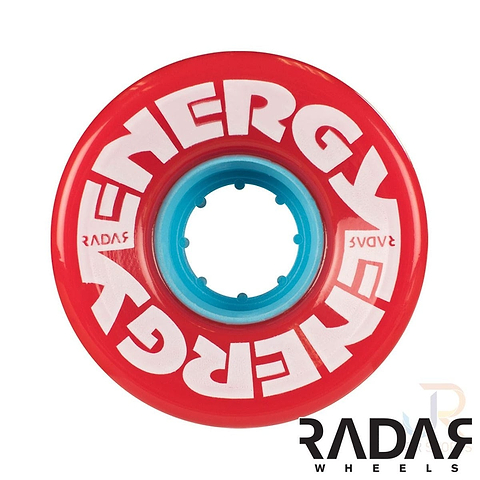 Close-up of a Radar Energy 78A Quad Roller Skate Wheel in red, featuring white "ENERGY" text. The inner part showcases a blue design with Radar branding at the bottom right, and its 78A durometer outdoor urethane provides a smooth ride on a variety of surfaces.