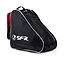 The SFR Large Ice & Skate Bag II - Black / Red, by SFR, is an ideal sports bag for roller skates or similar gear. This black bag with white trim and the SFR logo is made from water-resistant polyester and features multiple compartments and a robust carrying handle. Its striking red interior becomes visible when opened.