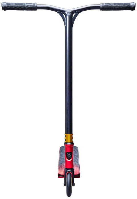 The Lucky Jon Marco Gaydos Signature Stunt Scooter boasts a red deck, black T-bar handle, and gold clamp. It features a skull graphic on the deck. Its single front wheel stands out against the white backdrop.