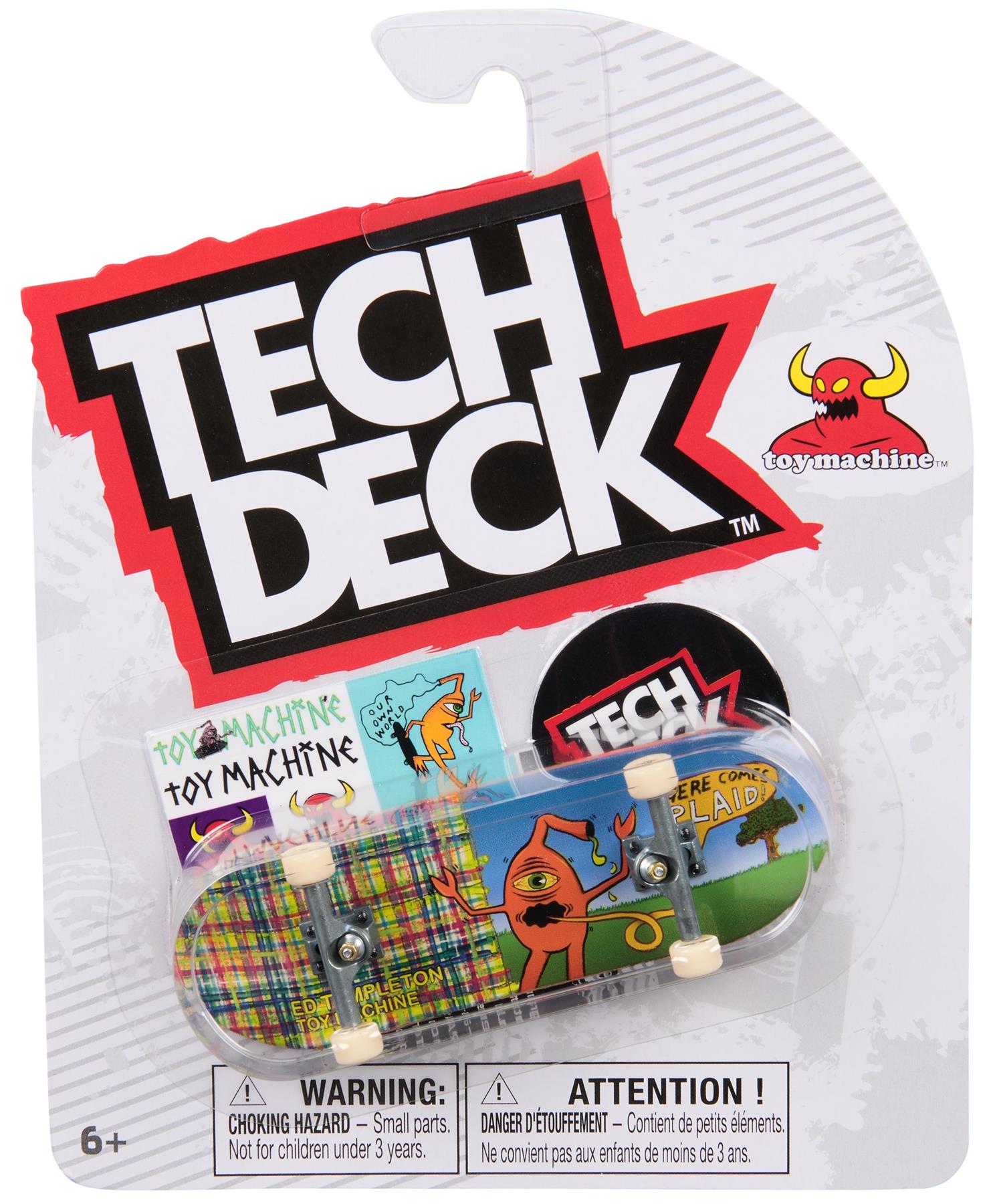 The Tech Deck 96mm M57 Fingerboard - Toy Machine features iconic cartoon monster graphics on a yellow and blue plaid deck, displayed on branded backing—ideal for fans and collectors of Tech Deck skateboard minis.