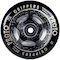 The Proto Catalyst Gripper 110mm Stunt Scooter Wheel in black features a performance urethane, unique abstract black and white core design with BUFF Core Technology, and gold edge lettering.