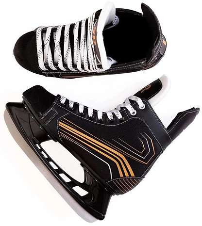 The Supreme Ice Hockey Skates in black and gold feature white laces and beginner-friendly support. Shown from above and the side—one upright, one flat—they combine comfort with style on the rink.