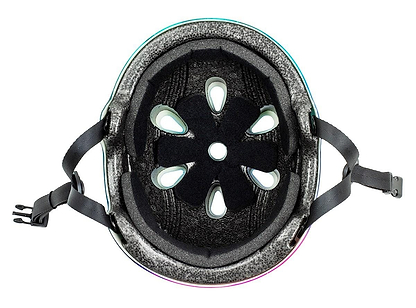 The image depicts the interior view of a Slamm Logo Skate / Scooter Helmet - Nebula, emphasizing its padding and ventilation holes tailored for scooter riders. Black adjustable straps with a buckle are visible on both sides, complying with EN1078 safety standards.
