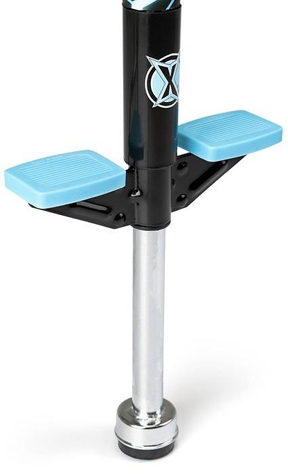 Close-up of the Xootz Volt Pogo Stick by Xootz, featuring blue-treaded footrests, a black body with logo, and a metallic cylindrical tip—an exciting outdoor toy for kids that helps build balance and coordination.