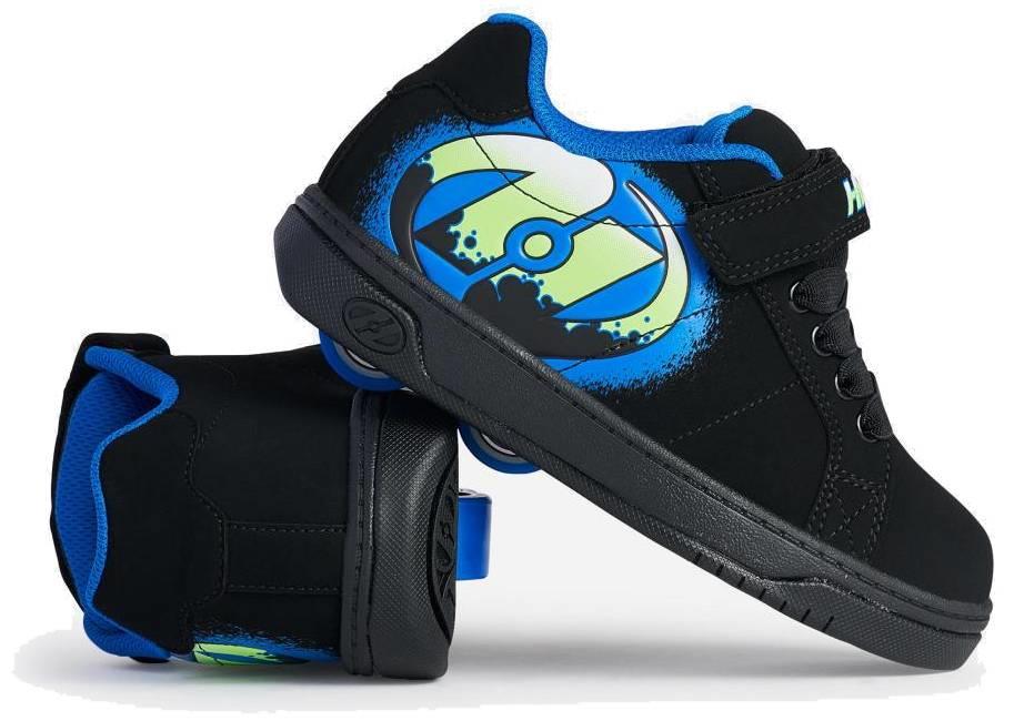 Heelys Kolect X2 Boys Shoes by Heelys in Black, Royal, and Green feature a graphic side design and two-wheel soles, shown against a white background.