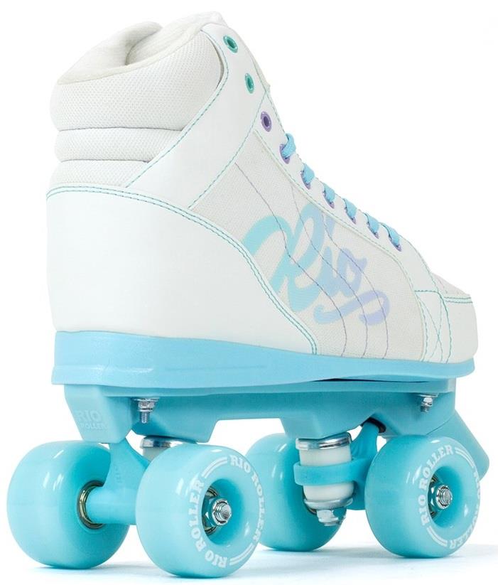 The Rio Roller Lumina Quad Roller Skates - White / Blue by Rio Roller feature a white PVC leather boot, light blue wheels and sole, a blue and purple side logo, and durable nylon trucks for stylish skating.