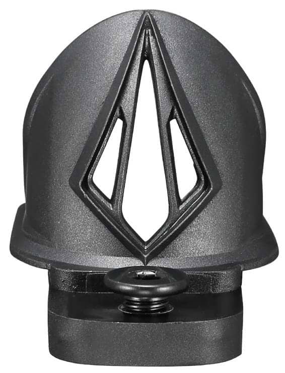 The Blunt Envy Wheel Guard V3 - Black features a sleek, geometric metal design with a diamond-shaped center cutout, mounted on a rectangular base—perfect for protecting your scooter wheel and Blunt Envy deck.